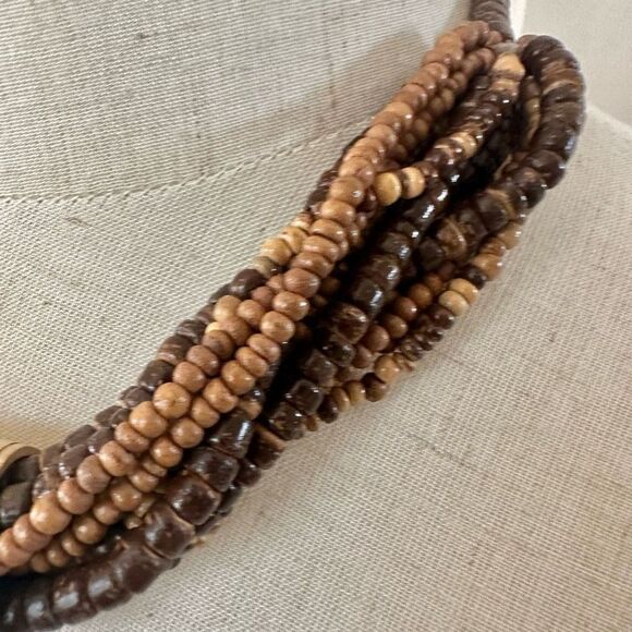 wood beaded  and bone cylinder pendant necklace - Picture 3 of 9